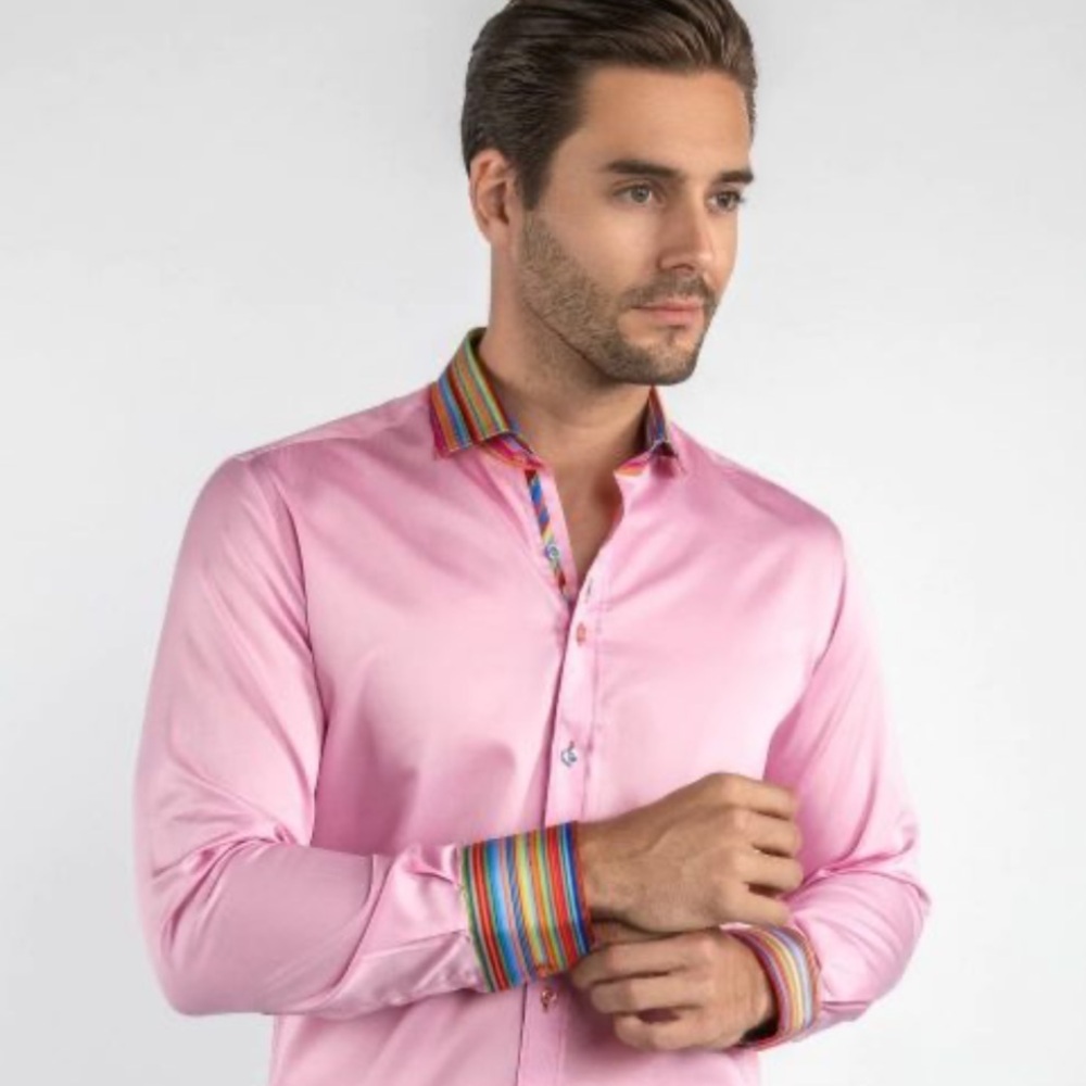 CLAUDIO LUGLI MULTI STRIPE COLLER PINK SHIRT Dress Shirt size XL - Picture 2 of 8